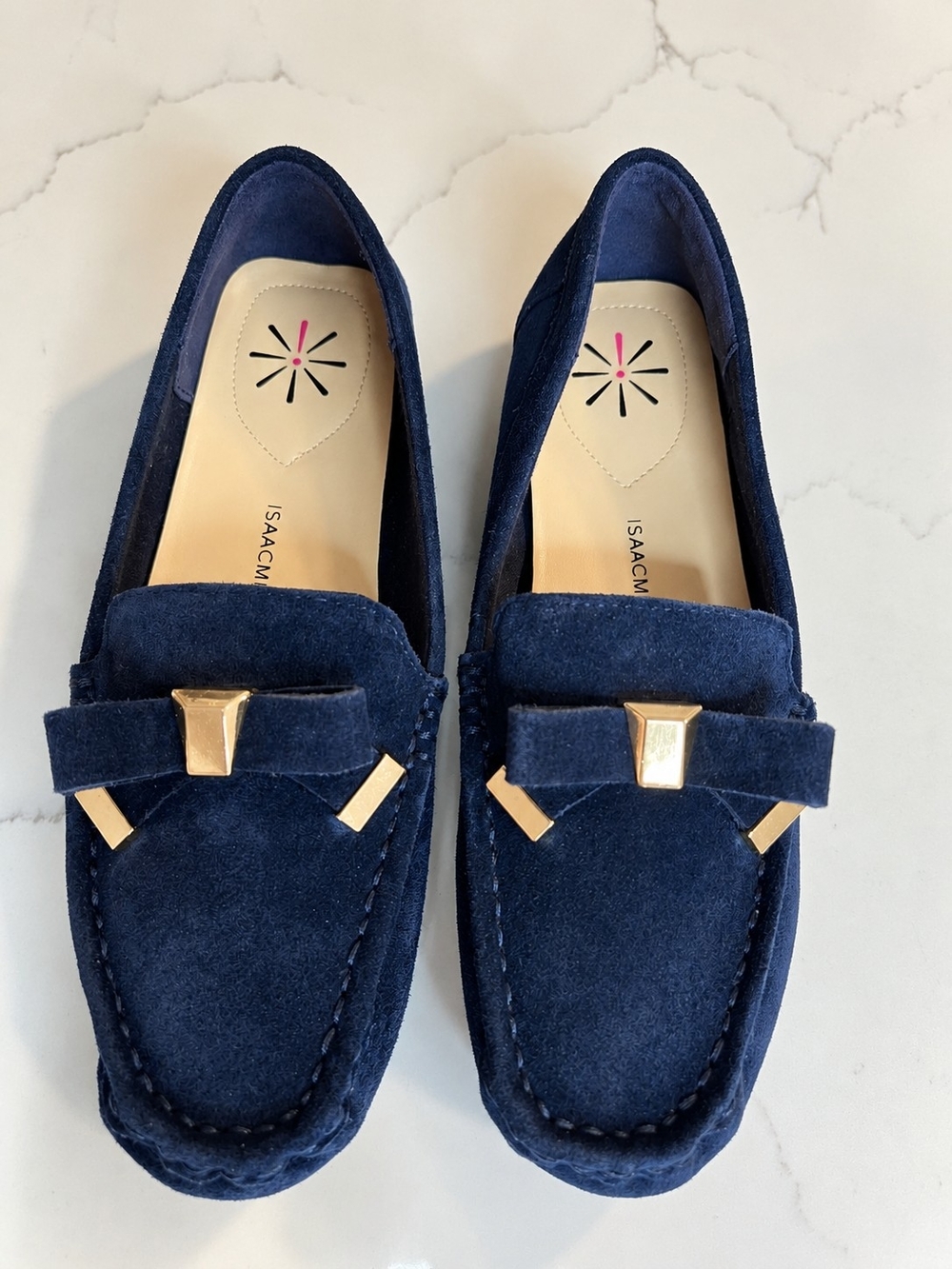 Isaac Mizrahi Navy Suede Loafers with Gold Accent Size 6.5
